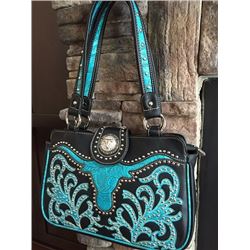 MONTANA WEST WESTERN CONCHO BLACK AND TURQUOISE HANDBAG/Steep head design on front.Double shoulder s
