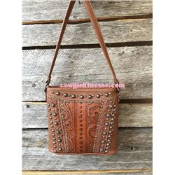 Montana West leather tooled messenger bag accented with antique silver studs. Top zipper closure. In