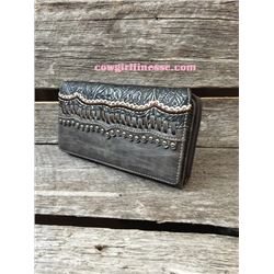 GREY TOOLED WESTERN TRIFOLD/ZIPPER WALLET/Grey western toolded trifold/zipper wallet