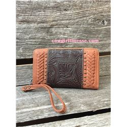 WESTERN TOOLED ZIPPER WALLET/Two tone brown tooled zipper wallet. Removable strap.