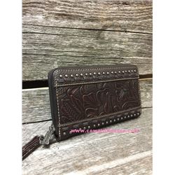 LEATHER TOOLED ZIPPER WALLET/This wallet features leather on the front.Top zipper with  removable st