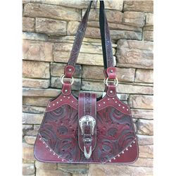 TRENDTIONS WESTERN TOOLED GENUINE LEATHER PURSE/QUALITY  MADE/SILVER BUCKLE