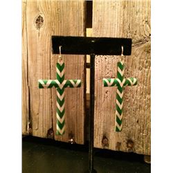 GOLD AND GREEN CHEVRON CROSS EARRINGS- 2.5" L x 1.5" W