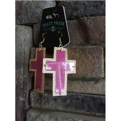 CRAZY TRAIN/BRIGHT PINK CROSS HOOK EARRINGS
