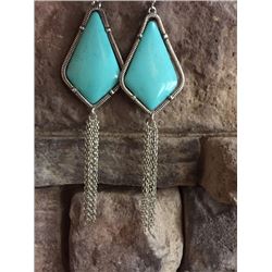 SILVER CHAIN FRINGE HOOK EARRINGS WITH TURQUOISE STONE ACCENT