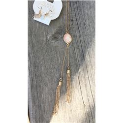 GOLD NECKLACE AND EARRING SET/PINK STONE/TASSELS