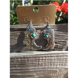 ANTIQUE SILVER BOOT EARRINGS/TURQOISE STONE ACCENT