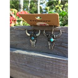 ANTIQUE SILVER STEERHEAD EARRINGS/TURQUOISE STONE ACCENT