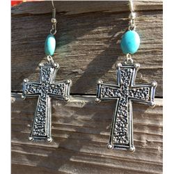 ANTIQUE SILVER CROSS/TURQUOISE BEADED HOOK EARRINGS