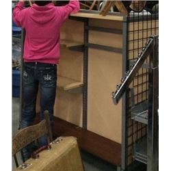 IVORY AND GREY SHELVING UNIT/ COMES WITH SOME HOOKS AND A FEW SHELVING/ ON WHEELS