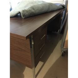 LARGE BROWN TOP BLACK METAL BOTTOM DESK/ DRAW LOCKS AND HAS KEY/ HEAVY STURDY UNIT!!