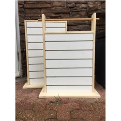 TWO SMALL WHITE DISPLAY TABLE TOP STAND/ HOLDS SLAT TYPES HOOKS *ONE HAS A CRACKED BOTTOM BUT CAN BE
