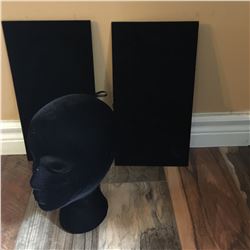 TWO BLACK VELVET FLAT JEWELERY DISPLAYS/ ONE VELVET DISPLAY HEAD