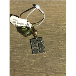 LENNY AND  EVA BRASS KEY HOLE/GREEN  BEAD CHARM/PENDANT