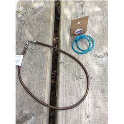 BROWN LEATHER ROPE NECKLACE/ TURQUOISE LEATHER BRAIDED HOOP EARRINGS