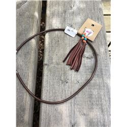 BROWN LEATHER ROPE NECKLACE/ TURQUOISE LEATHER FRINGE EARRINGS