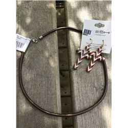 BROWN LEATHER ROPE NECKLACE/ GOLD AND BROWN CHEVRON  EARRINGS*EARRINGS ARE SCRATCHED UP A BIT BUT ST