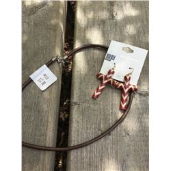 BROWN LEATHER ROPE NECKLACE/ GOLD AND BROWN CHEVRON  EARRINGS*EARRINGS ARE SCRATCHED UP A BIT BUT ST