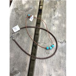 BROWN LEATHER ROPE NECKLACE/LEATHER STONE BEAD CHOKER NECKLACE