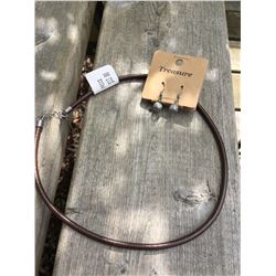 BROWN LEATHER ROPE NECKLACE/ANTIQUE BALL EARRINGS