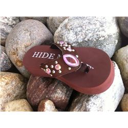 BROWN HIDE N SOLE FLIP FLOPS/PINK STONES/SIZE SMALL