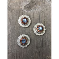3 AMBER/LIGHT BLUE SWAROVSKI CRYSTALS/SMALL  1" SILVER ROUND CONCHO**COMES WITH CHICAGO SCREWS