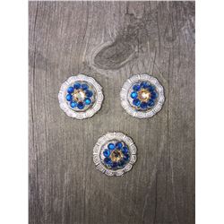 3 ROYAL BLUE/AMER SWAROVSKI CRYSTALS/SMALL  1" SILVER ROUND CONCHO**COMES WITH CHICAGO SCREWS