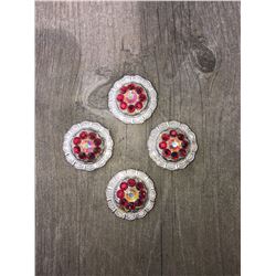4 RED/IRREDESCENT SWAROVSKI CRYSTALS/SMALL  1" SILVER ROUND CONCHO**COMES WITH CHICAGO SCREWS