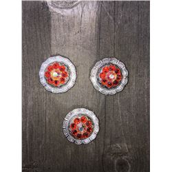 3 ORANGE/IRREDESCENT SWAROVSKI CRYSTALS/SMALL  1" SILVER ROUND CONCHO**COMES WITH CHICAGO SCREWS