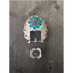 1TEAL/ IRREDESCENT SWAROVSKI CRYSTALS/SILVER BUCKLE 2 1/2 "L X 1 3/4"W FITS 3/4" STRAP**COMES WITH C