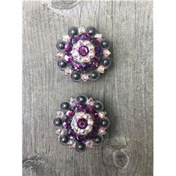 2 PURPLE/ IRREDESCENT SWAROVSKI CRYSTALS/MED  1 1/2" ANTIQUE SILVER ROUND CONCHO**COMES WITH CHICAGO