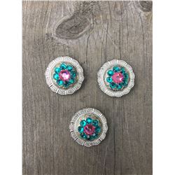 3 TEAL/PINK SWAROVSKI CRYSTALS/SMALL  1" SILVER ROUND CONCHO**COMES WITH CHICAGO SCREWS