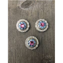 3 LIGHT BLUE/PINK SWAROVSKI CRYSTALS/SMALL  1" SILVER ROUND CONCHO**COMES WITH CHICAGO SCREWS