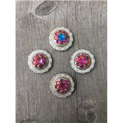 3  PURPLE/PURPLE IRREDESCENT 1 BLUE IRREDESCENT SWAROVSKI CRYSTALS/SMALL  1" SILVER ROUND CONCHO**CO
