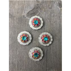 4 TEAL/PURPLE IRREDESCENT SWAROVSKI CRYSTALS/SMALL  1" SILVER ROUND CONCHO**COMES WITH CHICAGO SCREW