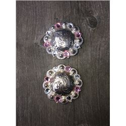 2 PINK SWAROVSKI CRYSTALS/MED  1 1/2" ANTIQUE SILVER ROUND CONCHO**COMES WITH CHICAGO SCREWS