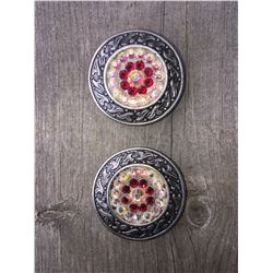 2 RED/IRREDESCENT SWAROVSKI CRYSTALS/SMALL  1 1/2" ANTIQUE ANTIQUE SILVER FLAT  ROUND CONCHO**COMES 