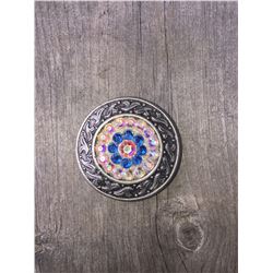 1 ROYAL/IRREDESCENT SWAROVSKI CRYSTALS/SMALL  1 1/2" ANTIQUE ANTIQUE SILVER FLAT  ROUND CONCHO**COME