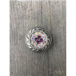 1 PURPLE/IRREDESCENT SWAROVSKI CRYSTALS/SMALL 1" ANTIQUE ANTIQUE SILVER FLAT  ROUND CONCHO**COMES WI