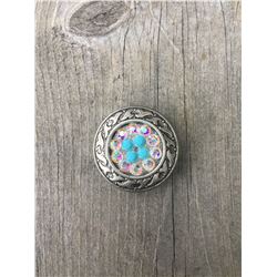 1 TURQUOISE/IRREDESCENT SWAROVSKI CRYSTALS/SMALL 1" ANTIQUE ANTIQUE SILVER FLAT  ROUND CONCHO**COMES