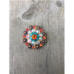 1 ORANGE/TEAL/IRREDESCENT SWAROVSKI CRYSTALS/MED  1 1/2" ANTIQUE COPPER ROUND CONCHO**COMES WITH CHI