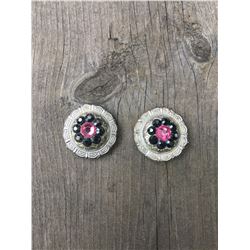 2 PINK/ BLACK SWAROVSKI CRYSTALS/SMALL  1" SILVER ROUND CONCHO**COMES WITH CHICAGO SCREWS