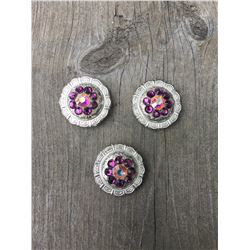 3 PURPLE SWAROVSKI CRYSTALS/ LARGE 1 " SILVER ROUND CONCHO**COMES WITH CHICAGO SCREWS