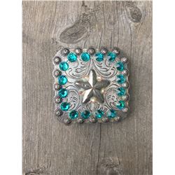 1 TEAL SWAROVSKI CRYSTALS/ LARGE 2 1/4" ANTIQUE SILVER SQUARE CONCHO**COMES WITH CHICAGO SCREWS