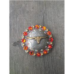 1 ORANGE SWAROVSKI LONGHORN   2 1/4"  ANTIQUE SILVER ROUND CONCHO**COMES WITH CHICAGO SCREWS