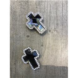 2 SILVER CROSS CONCHOS/ BLACK CRYSTALS / 1 1/4"*CHICAGO SCREWS INCLUDED