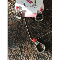 RED STONE WESTERN STIRRUP NECKLACE/RED CRYSTAL SPUR ROWEL BRACELET/NICKEL FREE