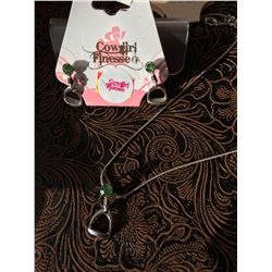 LIME GREEN STONE ENGLISH STIRRUP NECKLACE/LIME GREEN STONE ENGLISH STIRRUP EARRINGS/NICKEL FREE