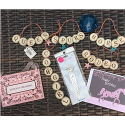 GIRLS BIRTHDAY BAG!!!COWGIRL FINESSE TOTE BAG/ BIRTHDAY CARD/BLUE DIAMOND PAPER WEIGHT/QUEEN BOOKMAR