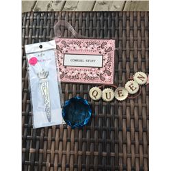 SMALL COWGIRL BAG WITH BOTTLE CAP DECORATIONS, BOOK MARK,COWGIRL STUFF SIGN AND DIAMOND PAPER WEIGHT